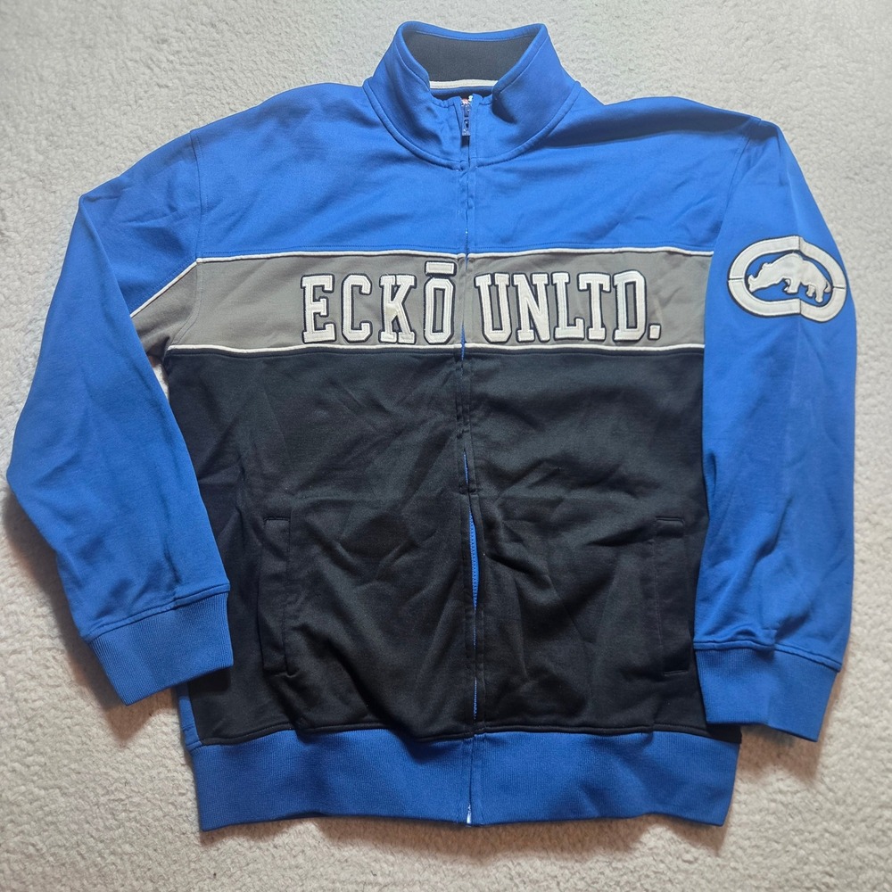 Ecko Unltd Track Jacket Mens XL Blue Black Colorblock Full Zip Embroidered Y2K